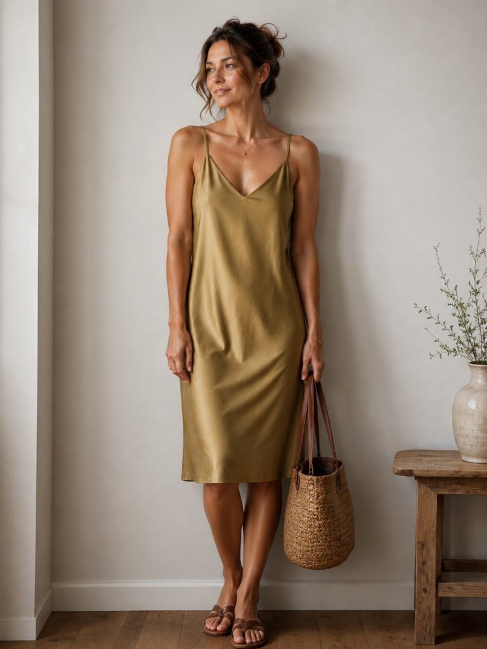 TREE Silk Bias Cut Slip Dress, Champagne Gold | Sz SM FLAWS